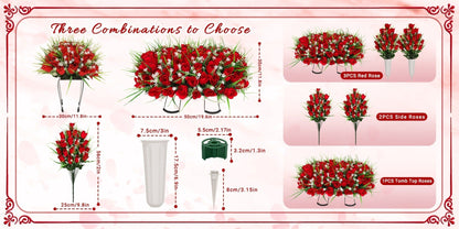 Artificial Flowers Silky Red Rose Memorial Set with Top Saddle, Side Vases or Three-Piece Option