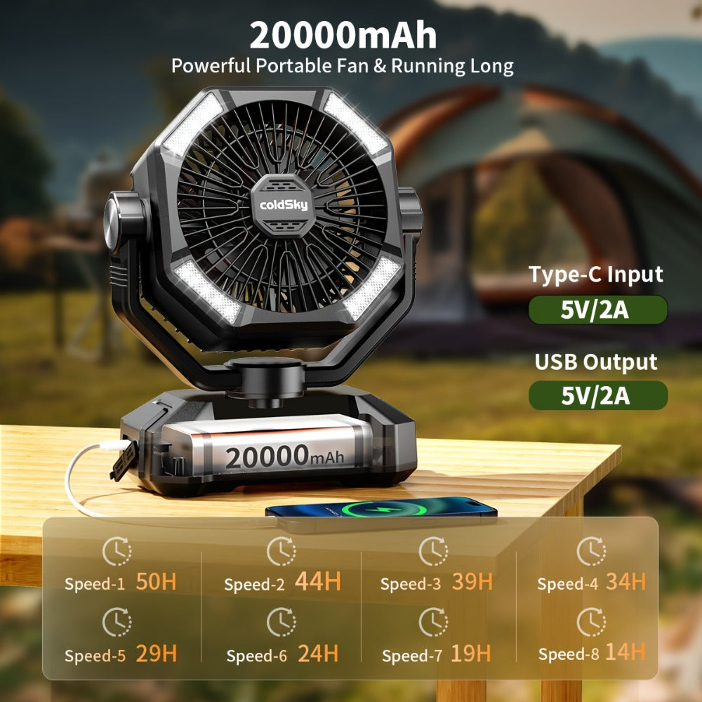 Camping Fan 20000mAh Dual Motor High-Velocity, 8-Speed Remote Control with 4 LED Lanterns and Tent Hook