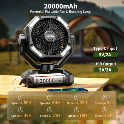 Camping Fan 20000mAh Dual Motor High-Velocity, 8-Speed Remote Control with 4 LED Lanterns and Tent Hook