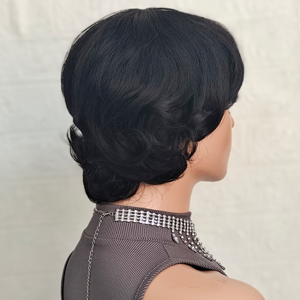 Pixie Cut Wig Human Hair with Bangs Glueless Short Brazilian Layered Machine Made Throw-On-and-Go Hairpiece Natural Black 1B Medium Brown #4