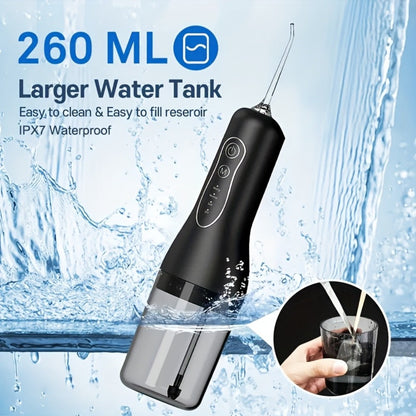 Water Flosser Cordless Black 300ml Oral Irrigator with Four Modes, Four Nozzles, 700mAh Battery, USB Charging and IPX7 Rating