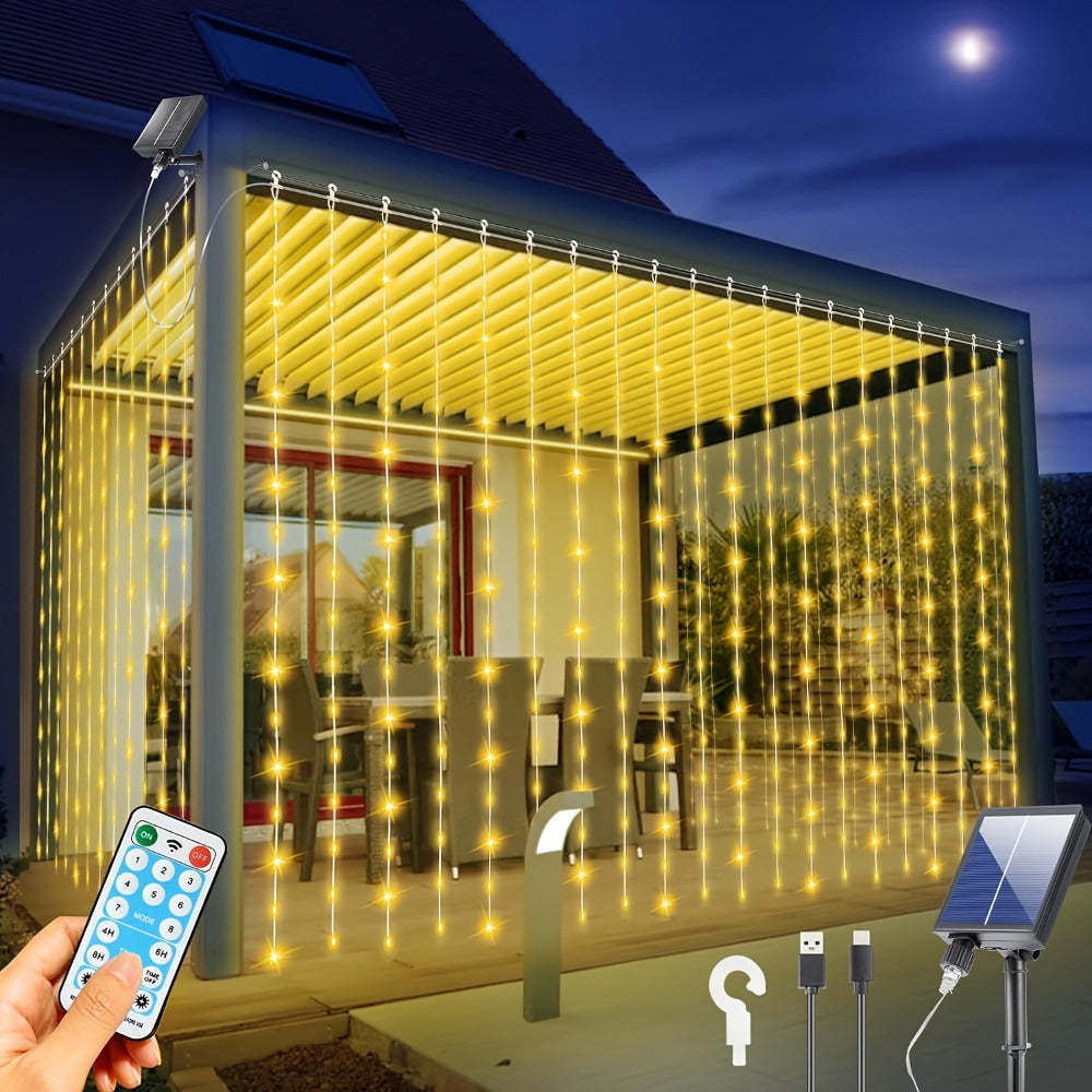 Solar Curtain Lights Outdoor 300 LED Waterfall Fairy String Lights with 8 Modes Remote for Entryways, Bedrooms and Living Spaces