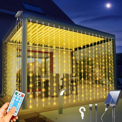 Solar Curtain Lights Outdoor 300 LED Waterfall Fairy String Lights with 8 Modes Remote for Entryways, Bedrooms and Living Spaces