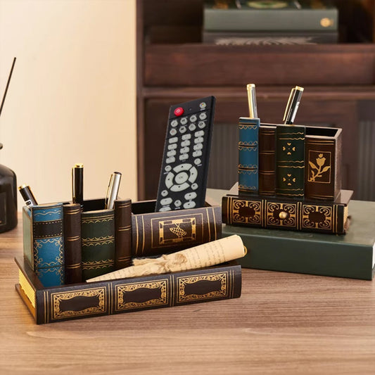 Vintage Book-Shaped Desk Organizer with Pen Compartments, Pull-Out Drawer and Two Size Options