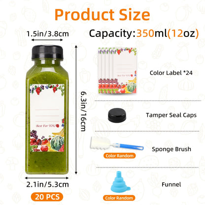 Reusable Juice Bottle Set, Clear Plastic 12oz or 16oz Drink Containers with Lids, Funnel and Cleaning Brush