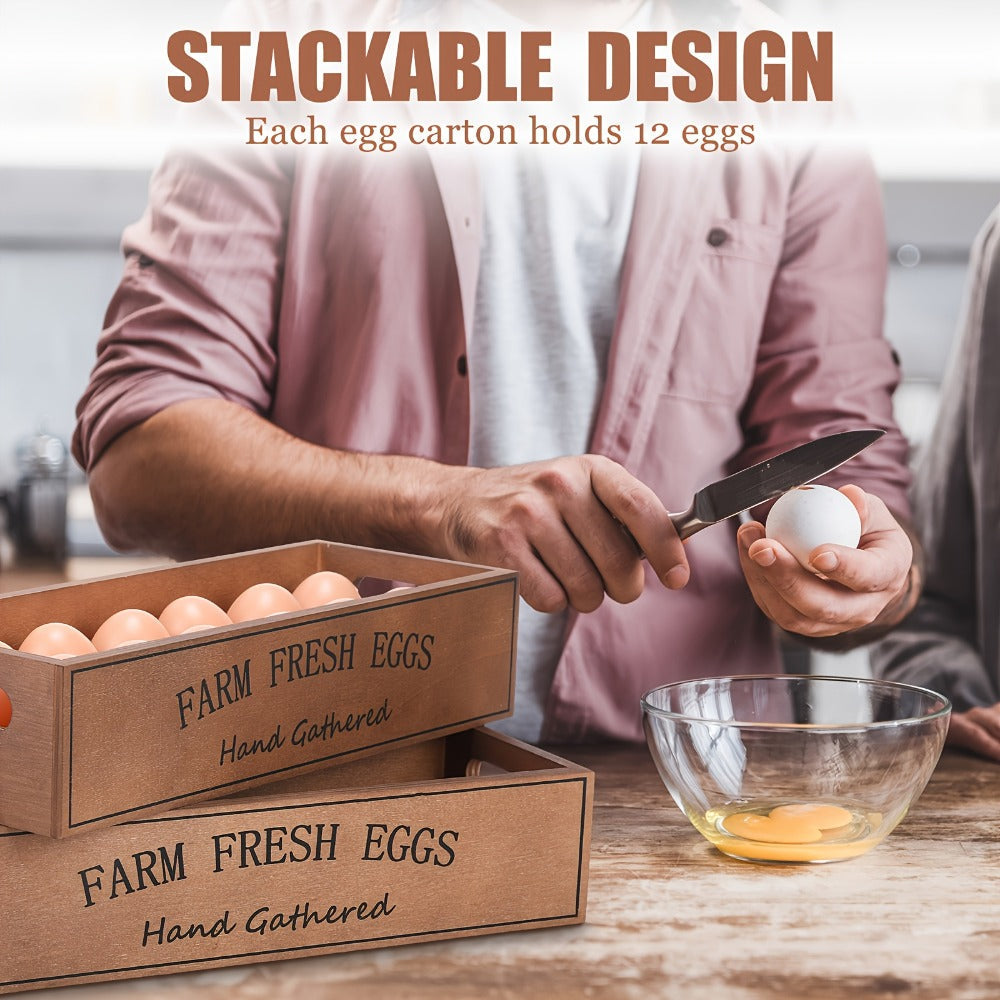 Farmhouse Wooden Egg Holder Rack 2pcs – 24 Egg Storage Display with Handle for Kitchen, Farm, Easter