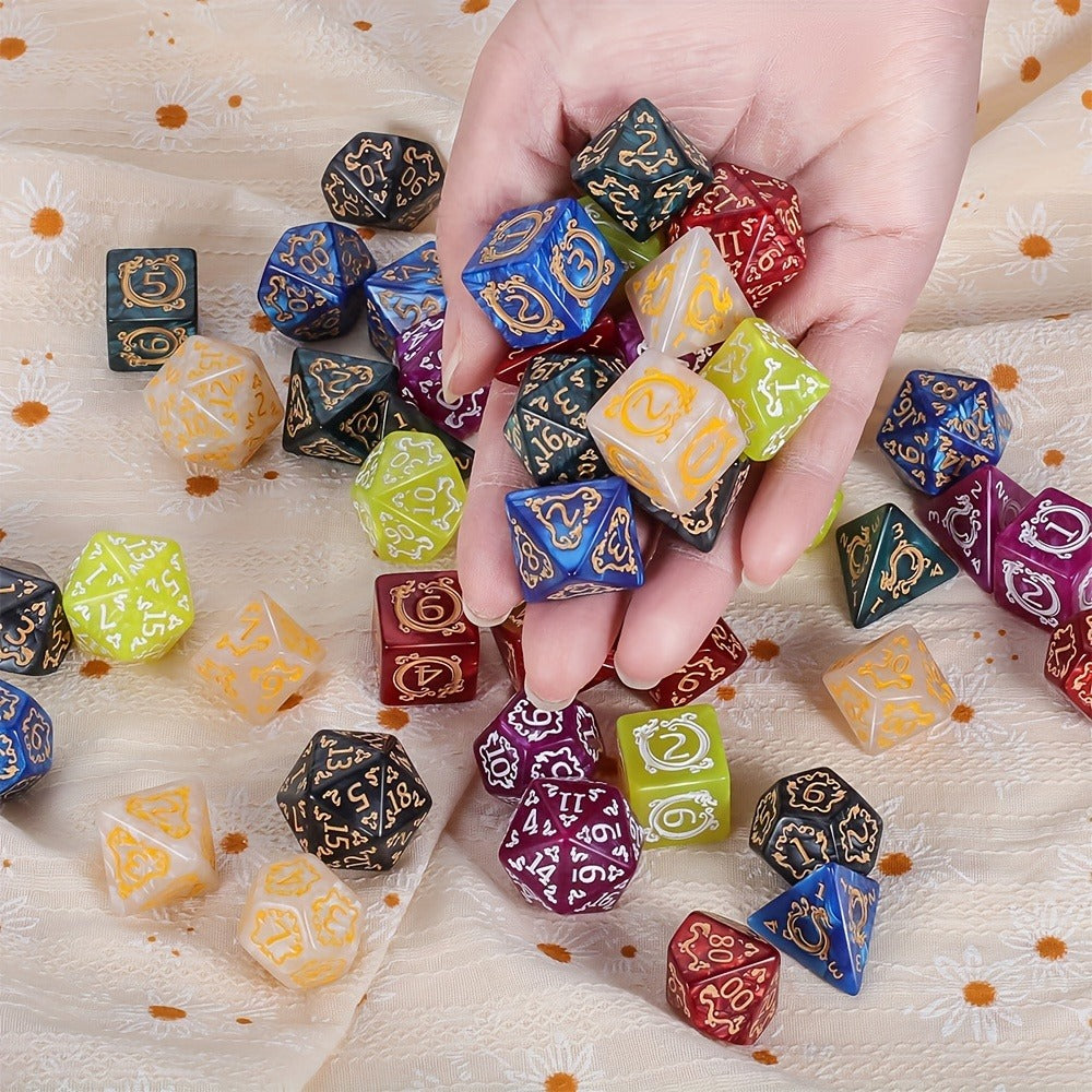 DnD Dice Set 49pcs Dragon Pattern Polyhedral Dice 7 Sets with Pouches with the Listed Color, Size or Set Options for Everyday Use