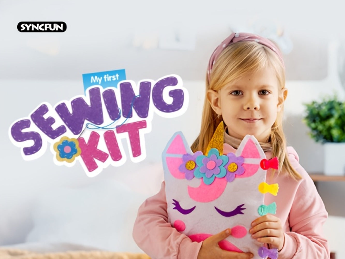 Kids Sewing Kit for Beginners 7 Felt Craft Projects, Pre-Punched Holes Safe Needles Mini Pillow Keychain Card Holder Cup Sleeve
