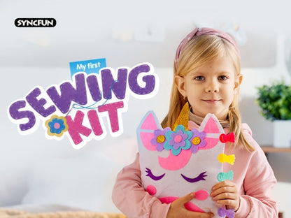 Kids Sewing Kit for Beginners 7 Felt Craft Projects, Pre-Punched Holes Safe Needles Mini Pillow Keychain Card Holder Cup Sleeve