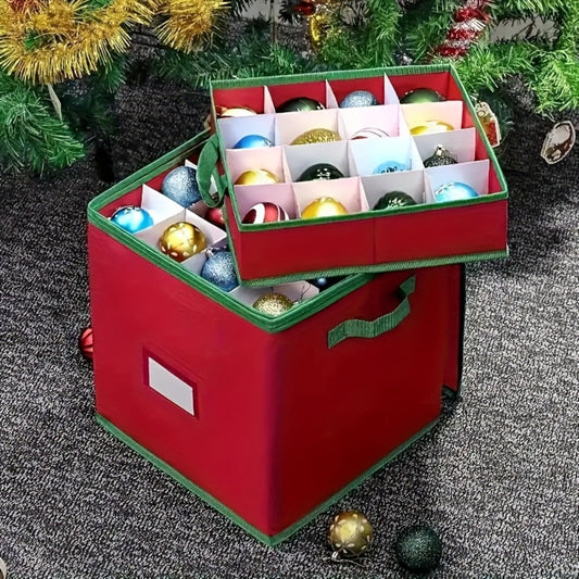 Christmas Ornament Storage Box, Holds Up to 64 Holiday Ornaments, Adjustable Dividers, Covered Lid & Dual Handles