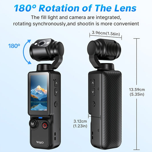 W&O 4K- and 66MP-Labeled Action Camera with 180-Degree Rotating Lens, 32GB Card and Black or White Body