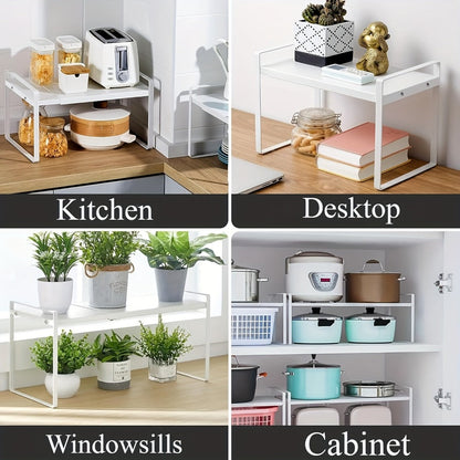 Expandable Cabinet Shelf Organizer Riser for Home Cooking, Dining and Outdoor Meals, with the Listed Configuration