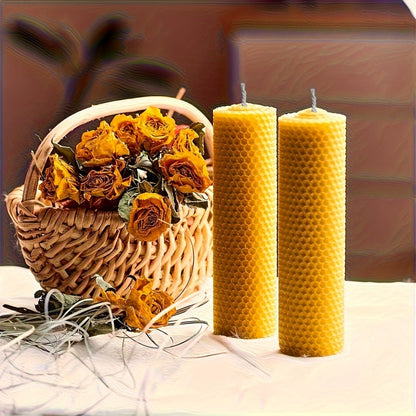 Honeycomb Beeswax Pillar Candles, 10cm by 3.5cm in Yellow, Purple, Red or Blue with Single or Eight-Piece Options
