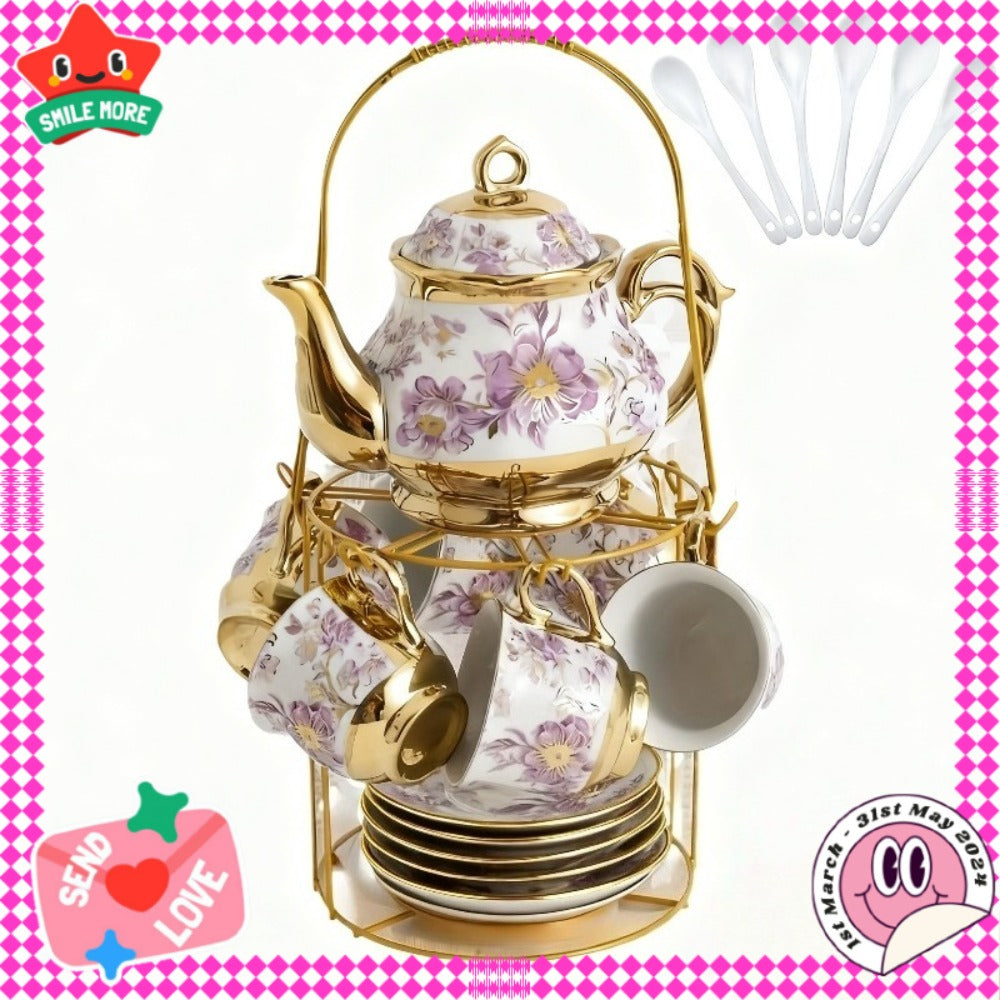 20-Piece Floral Ceramic Tea Set with Saucers & Metal Stand, European Afternoon Tea Service, Blooming Design