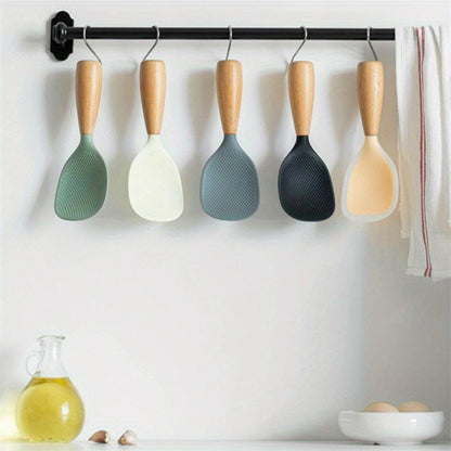 Silicone Rice Spatula Serving Spoon 2 Pack Wooden Handle Heat Resistant Durable Standing for Home Cooking, Dining and Outdoor Meals