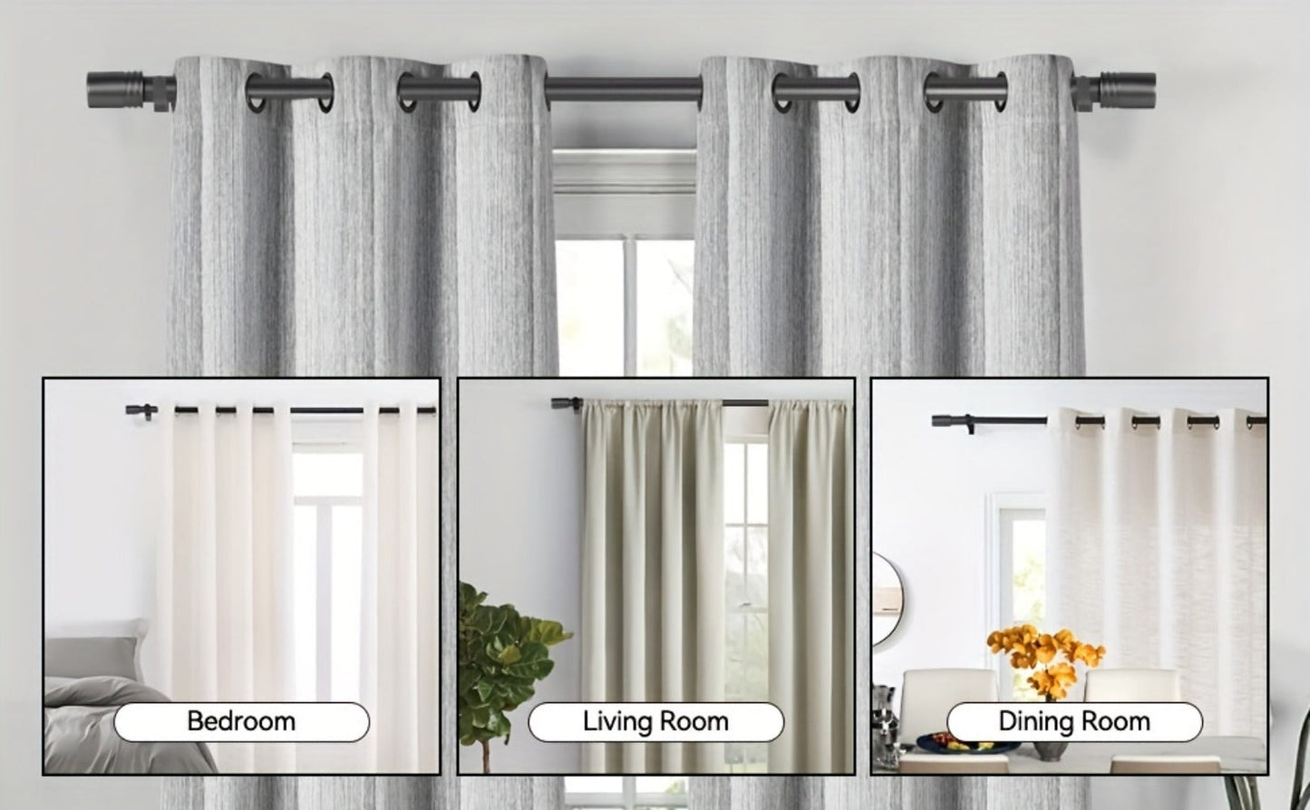 One-Inch Adjustable Curtain Rod with Rounded Cup Finials in Black, Brushed Nickel or Gold Finish
