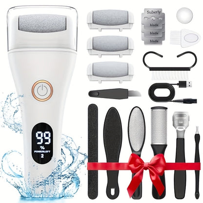 Electric Pedicure Foot File 10-in-1 Kit, Rechargeable with Digital Display, 3 Roller Heads