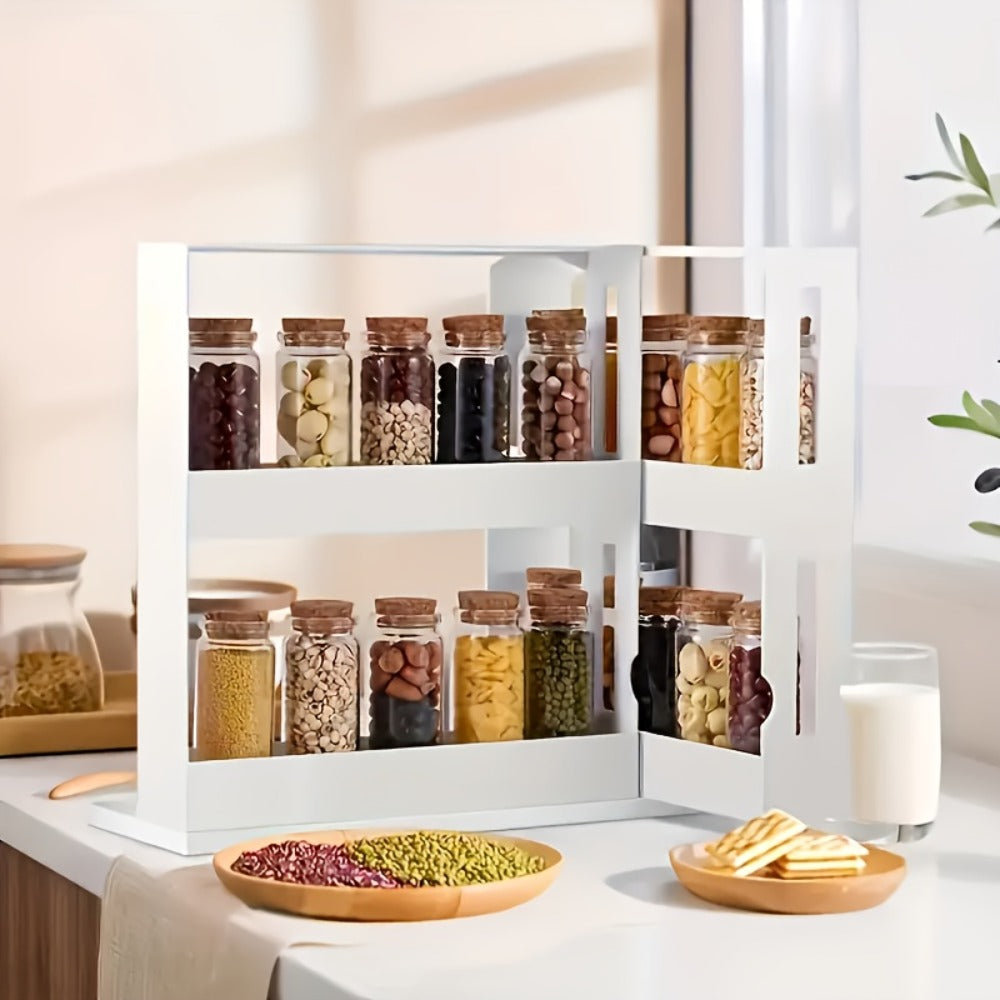 Rotating Spice Rack 2-Tier Turntable – Large Capacity Pull-Out Kitchen Organizer for Countertop & Cabinet