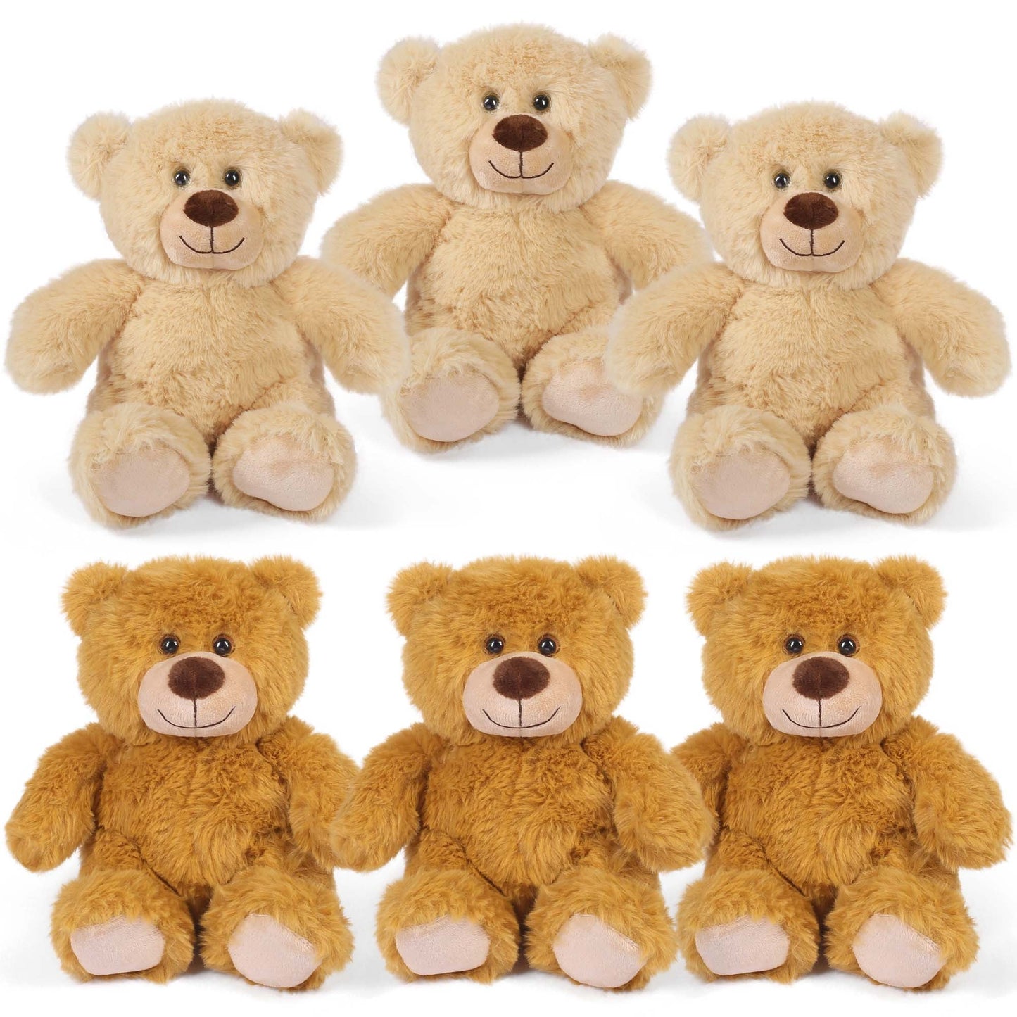 Plush Toy Six-Pack of 8-Inch Teddy Bears in Mixed, Dark Brown or Light Brown Sets for Event Favors