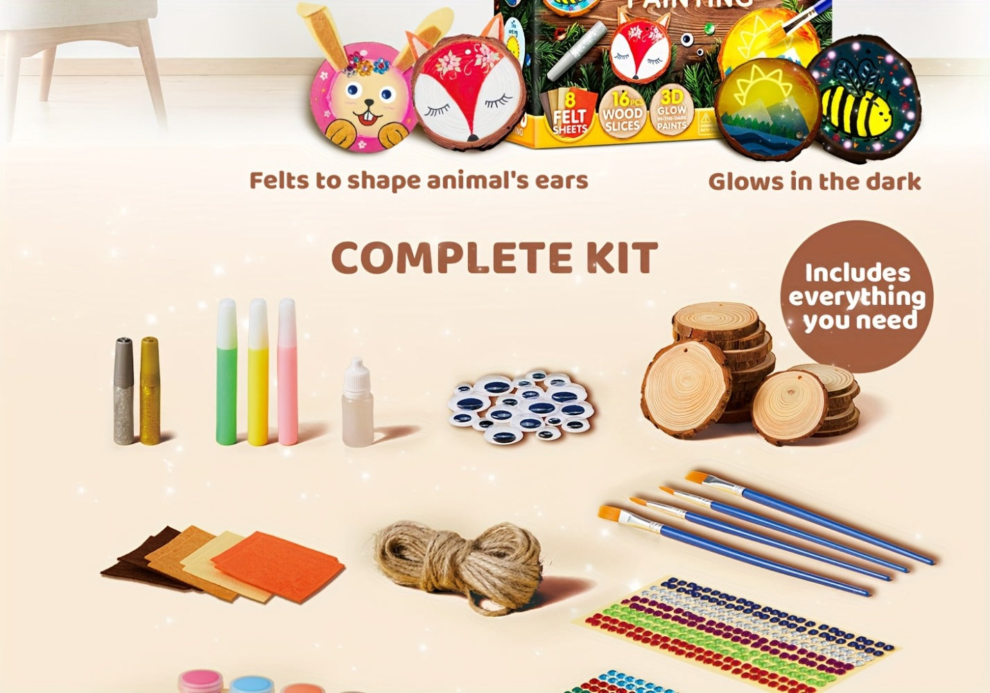Kids Painting Kit Glow in the Dark, Wood Slice Arts & Crafts Set Ages 6+ with 16 Wood Slices, Felt