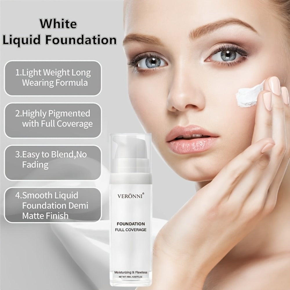 VERONNI White Matte Liquid Foundation Two-Bottle Set with Pump Dispensers and Full-Coverage Label