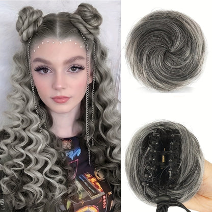 Mini Donut Bun Hairpiece with Cat Ears Claw Clip Messy Bun Synthetic Fiber Instant Updo – 2 Pcs Set for Women Girls All Hair Types Natural
