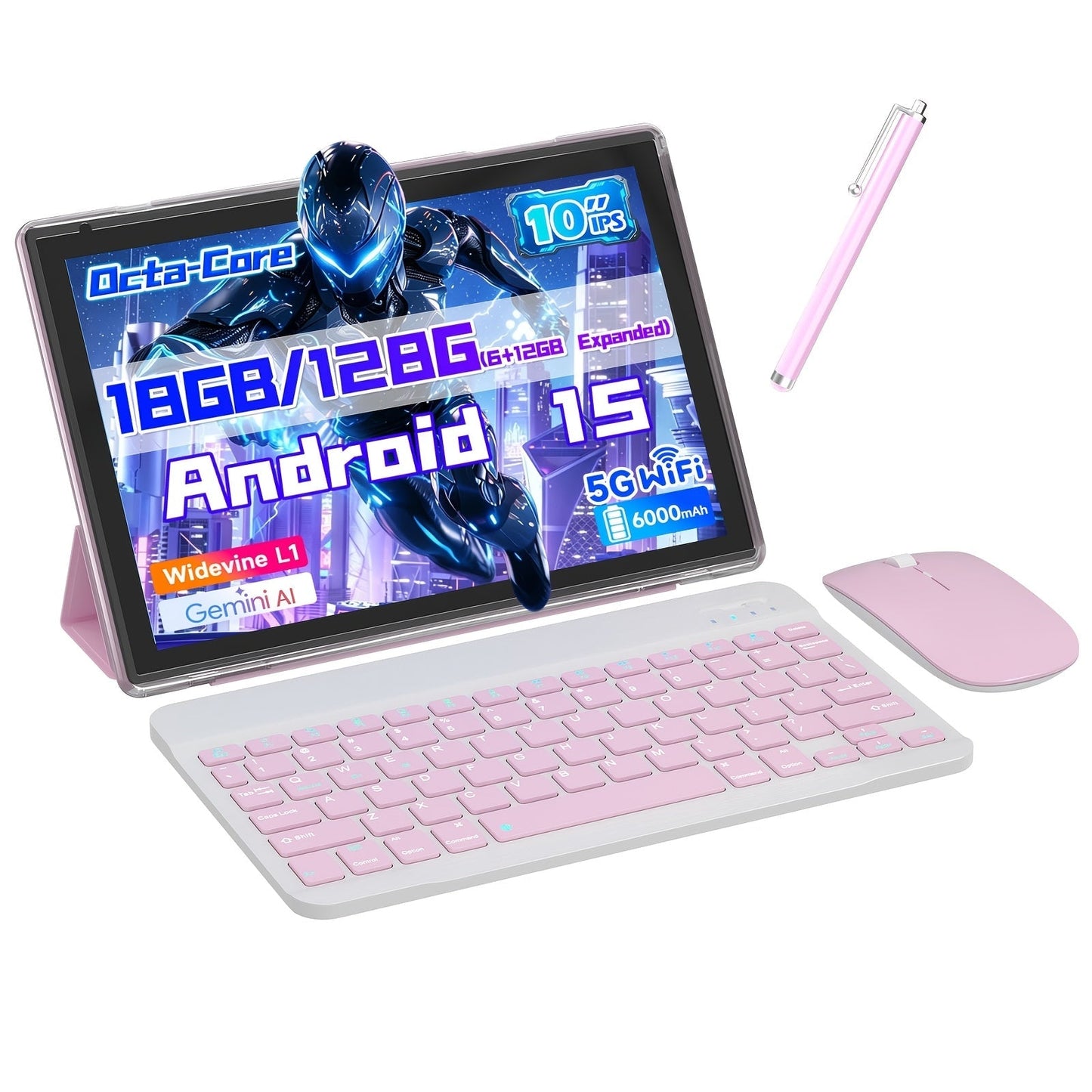 10.1-Inch Android 15 Tablet with 18GB Configured Memory, 128GB Storage, Dual-Band Wi-Fi and Keyboard Set Options