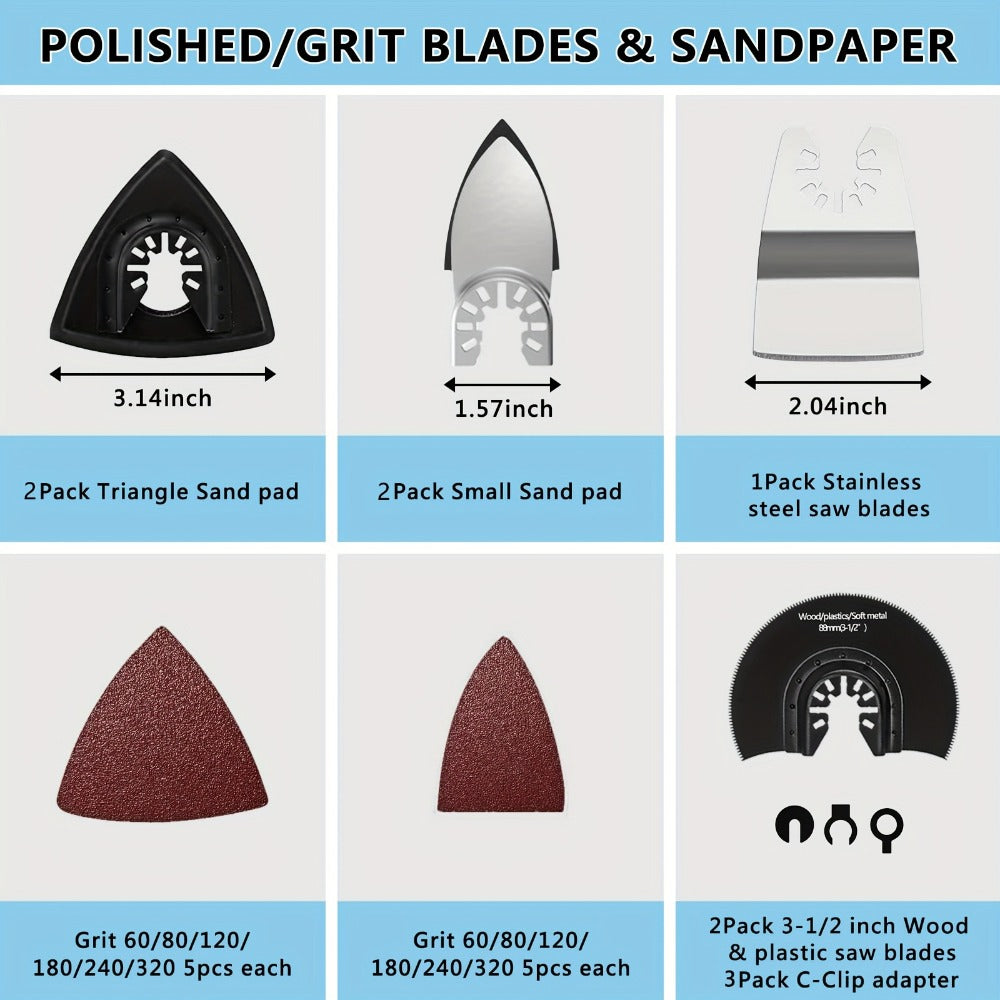 Oscillating Tool Blade Kit 98PCS Multi Tool Blades with Sanding Pads Sandpaper for Cutting Wood Plastic Metal Nails PVC Drywall Fits Most