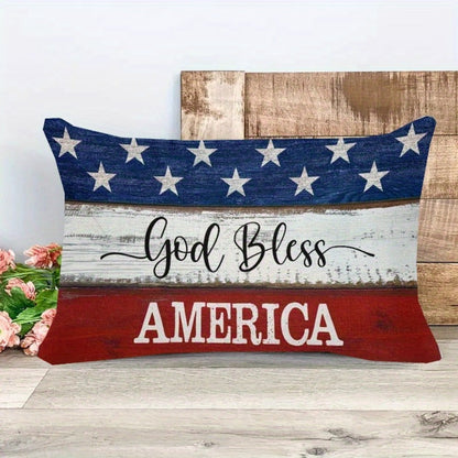 4th of July Throw Pillow Cover 12x20 Inch, God Bless America Patriotic Red White Blue Linen Cushion Case Star Pattern Distressed Wood