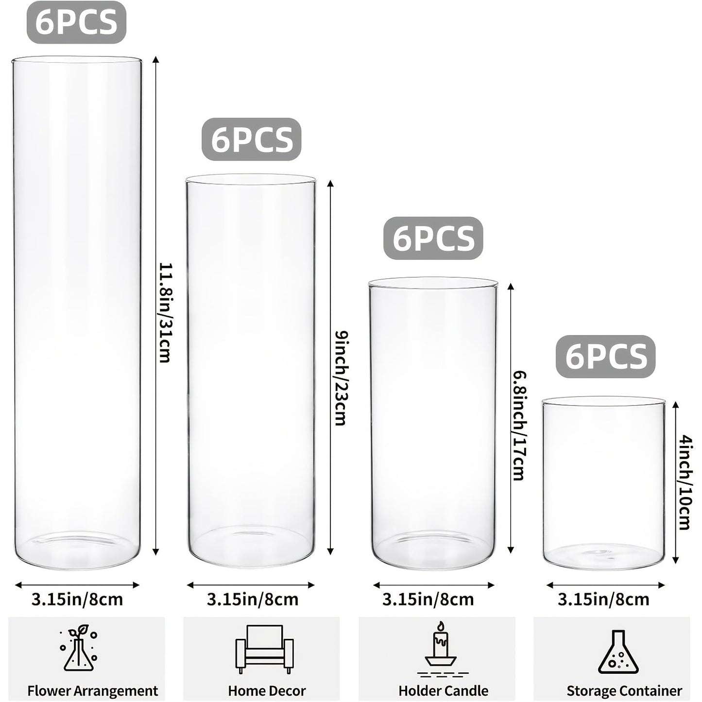 Clear Cylinder Glass Vases Set Wedding Centerpieces Home Decor for Entryways, Bedrooms and Living Spaces