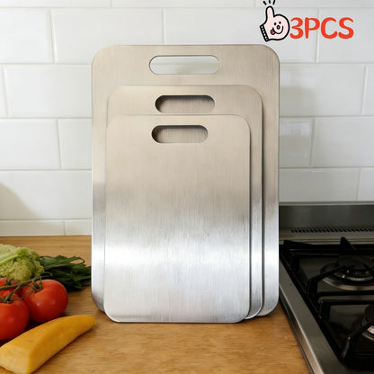 Three-Piece Stainless-Steel-Labeled Cutting Board Set with Rounded Corners, Handles and Graduated Sizes