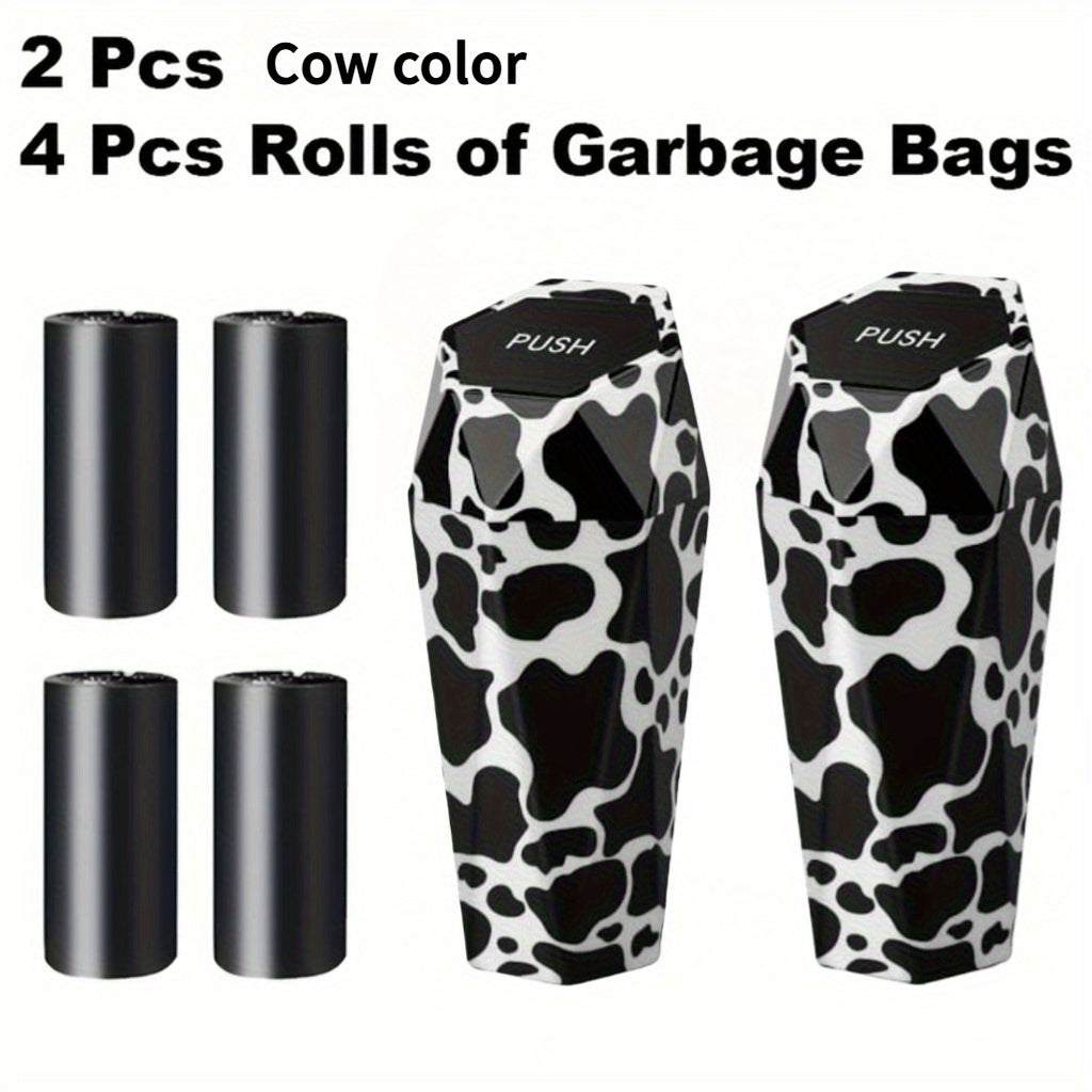 Diamond-Pattern Mini Car Trash Can Pair with Four Bag Rolls, Push Lids and Four Color Choices