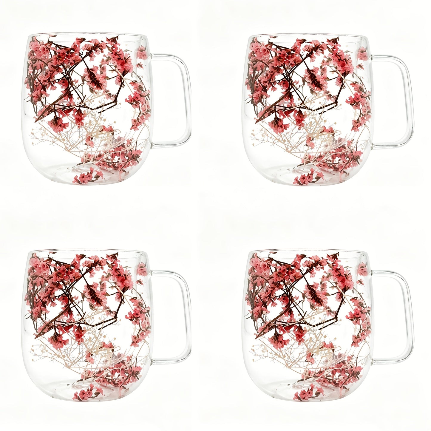 Double Wall Glass Coffee Cups with Handle Set of 4 – Borosilicate Thermal Mugs for Latte Cappuccino Tea | Dried Flower & Petal Design