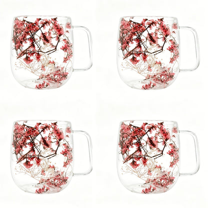 Double Wall Glass Coffee Cups with Handle Set of 4 – Borosilicate Thermal Mugs for Latte Cappuccino Tea | Dried Flower & Petal Design