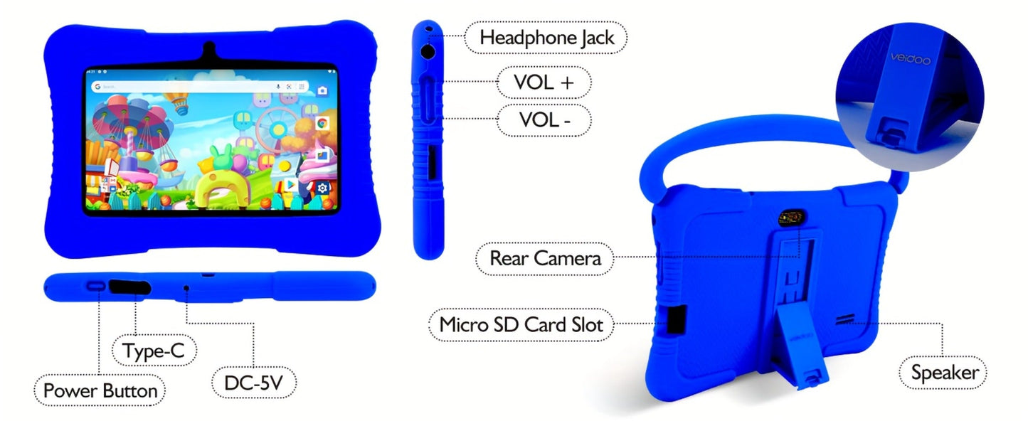 Kids Tablet 7 Inch with 2GB RAM, 16GB or 32GB Built-In Storage, 1TB Expansion Support and Silicone Case