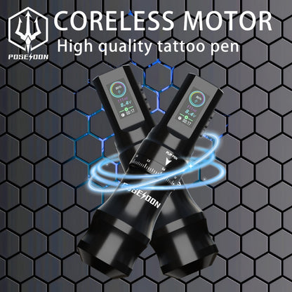 Tattoo Machine Kit POSEIDON TU33 Wireless Rotary Pen with LCD Color Screen, USB-C, 20 Cartridges and 11 Inks