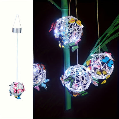Solar Butterfly Lantern Outdoor Metal Iron Hanging Solar Light, Auto On at Dusk, White & Color Light