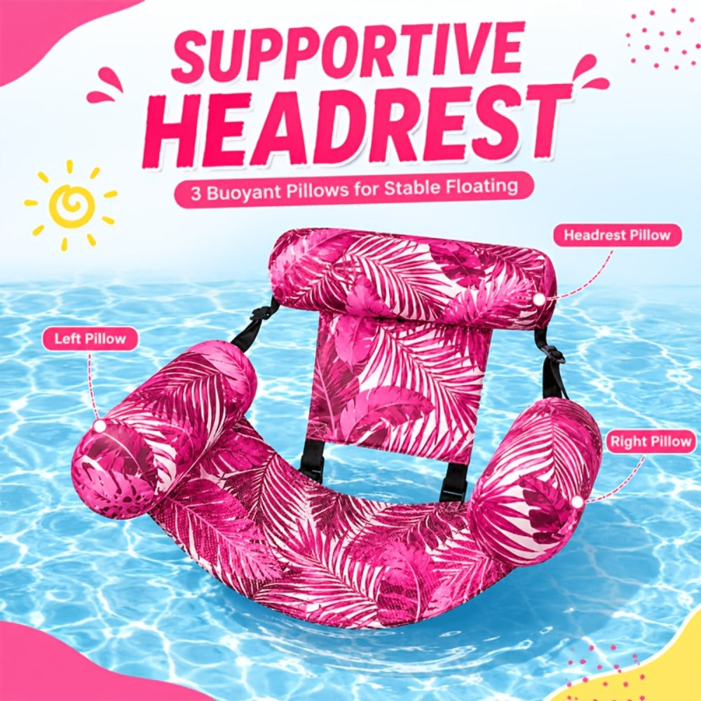 Pool Float Tropical Leaf Lounge Chair with Sling Seat, Inflatable Side Bolsters and Adjustable Headrest
