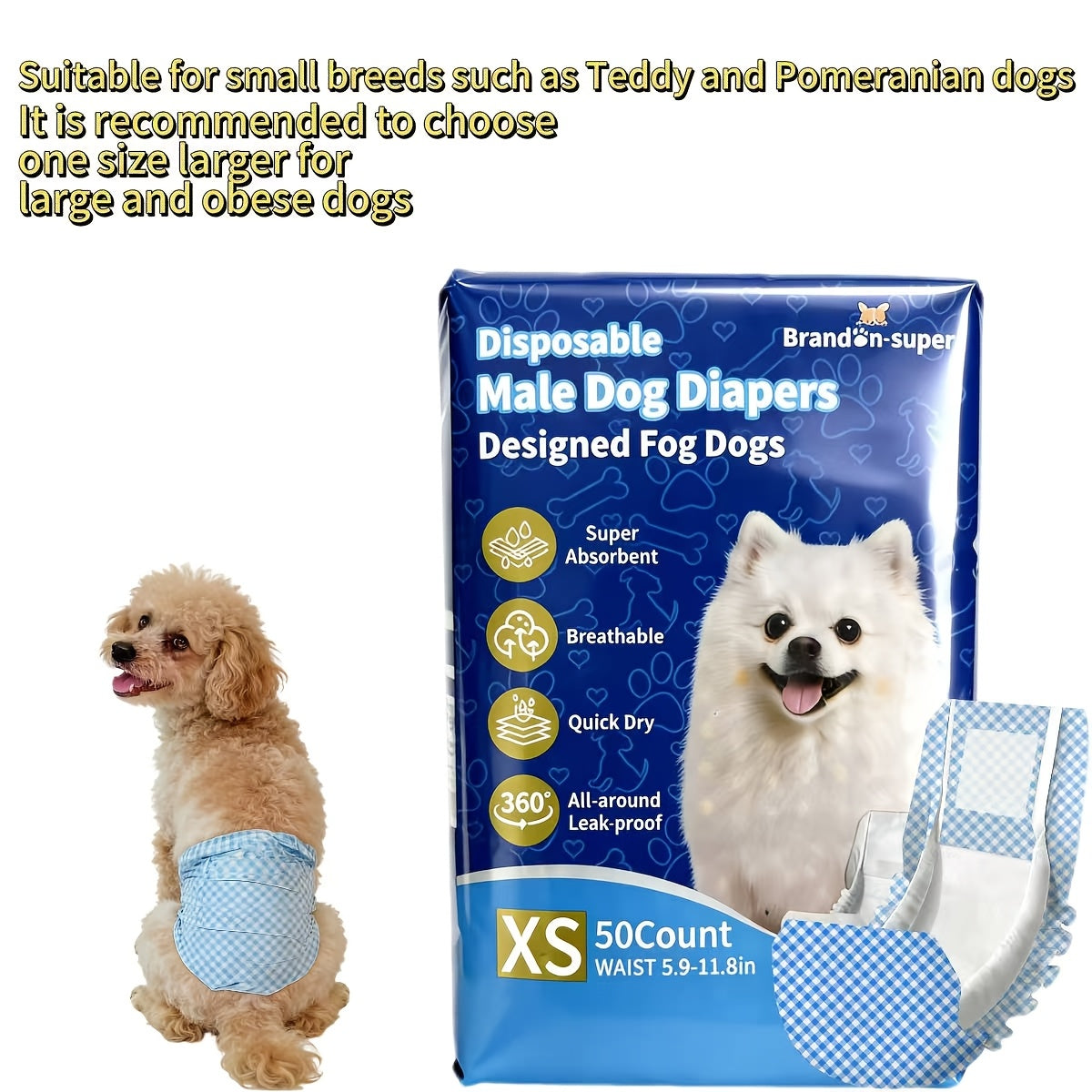 Disposable Dog Diapers 50-Pack for Male & Female Dogs – Super Absorbent Leak-Proof Pet Nappies, Comfortable Fit for Puppies, Senior Dogs