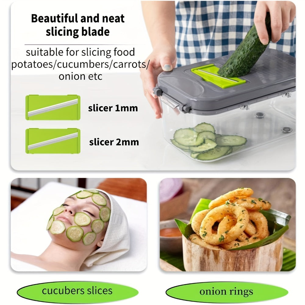 22-in-1 Vegetable Chopper with Gray Container, 13 Blade Inserts, Lemon Squeezer and Egg Separator Accessories