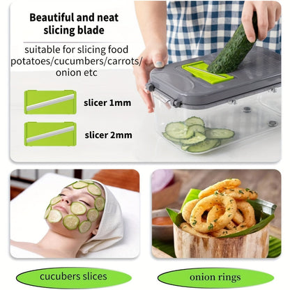 22-in-1 Vegetable Chopper with Gray Container, 13 Blade Inserts, Lemon Squeezer and Egg Separator Accessories