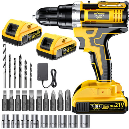 Cordless Impact Drill Set 21V, Electric Power Drill with 2.0Ah Battery, Fast Charger, Screwdriver Bits