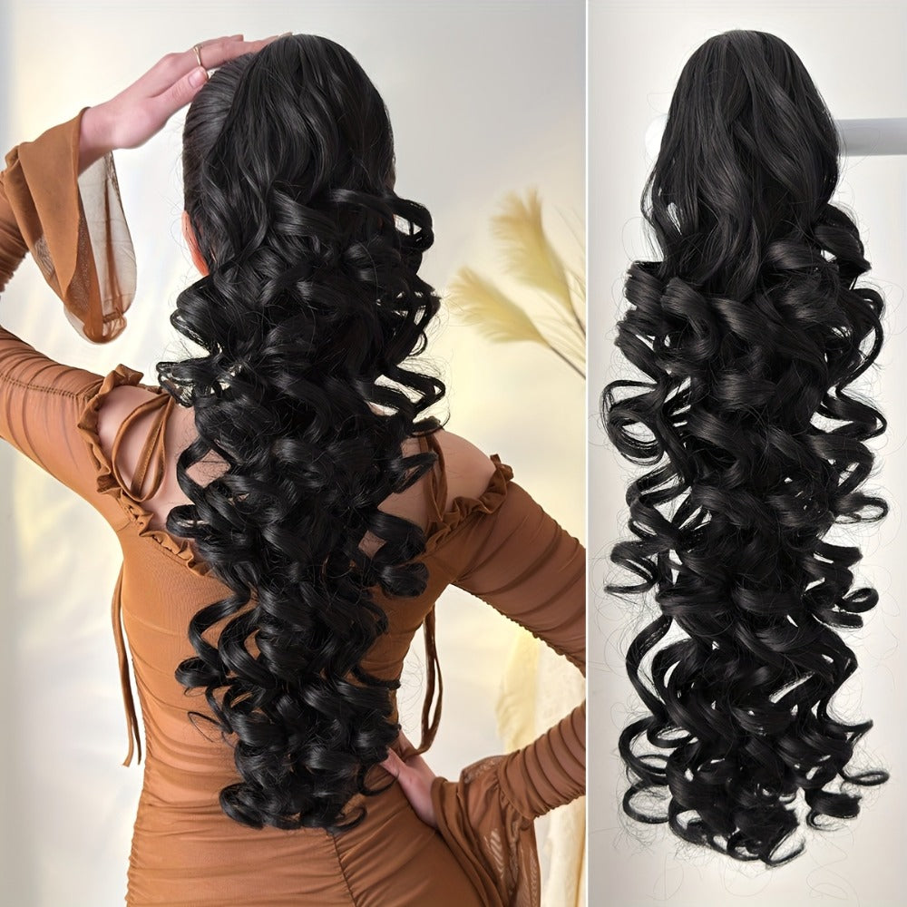 Curly Ponytail Extension 28 Inch Long Heat Resistant Synthetic Clip In Wrap Around Hairpiece Voluminous Bouncy Curls 4 Styles for Women