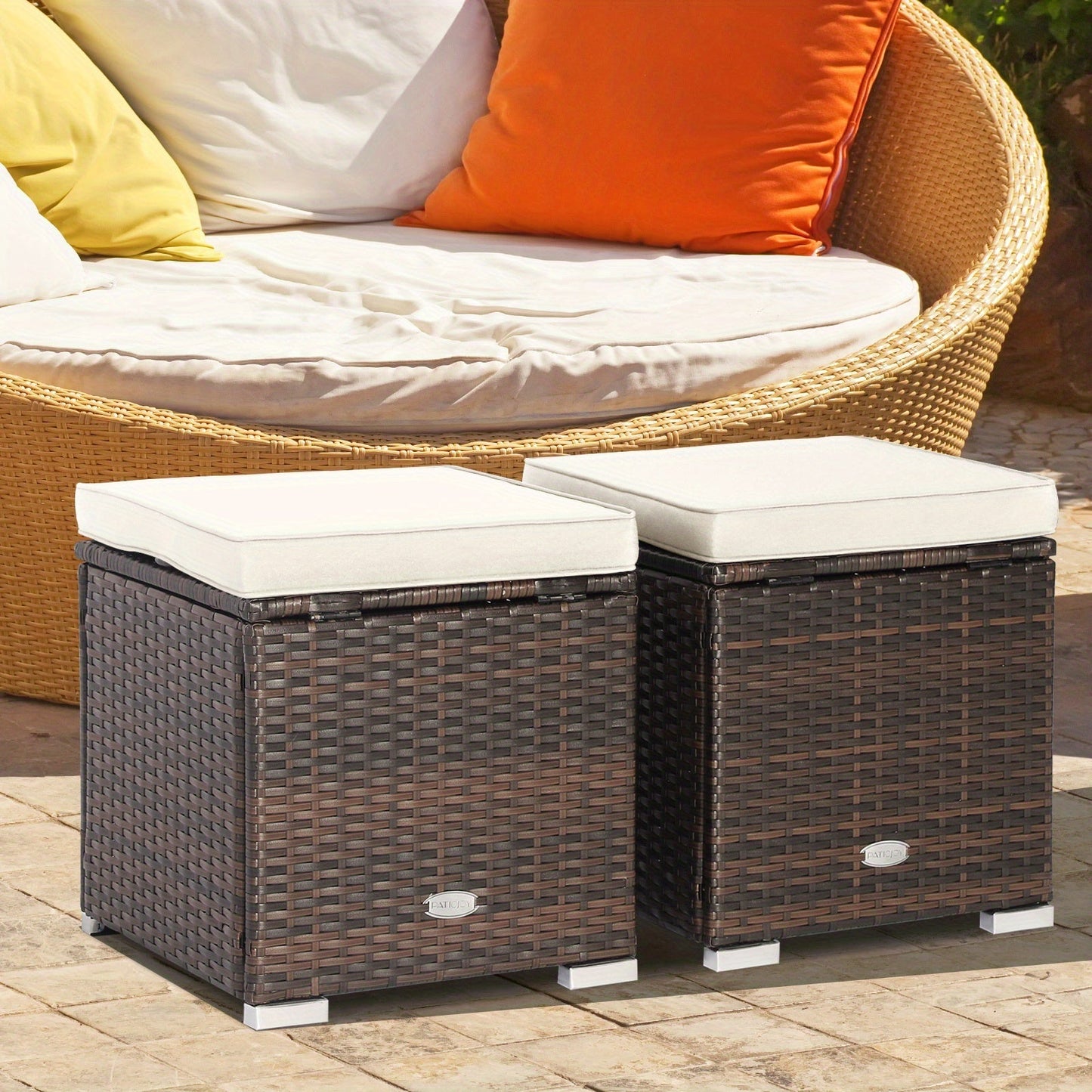 Outdoor Wicker Ottoman Set of 2 with Hidden Storage – PE Wicker Footstools with Detachable Cushions, Side Table & Extra Seating for Patio
