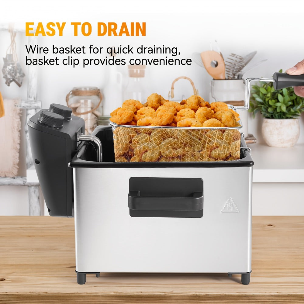 Electric Deep Fryer 1700W, Large Deep Fryer with Adjustable Time & Temperature Control, Stainless Steel Frying Basket