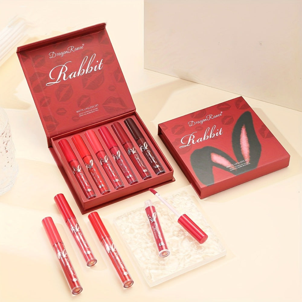Red Lip Glaze Gift Set 6pcs in Elegant Box, Smudge-Proof Glazed Finish, Smooth Paste Formula