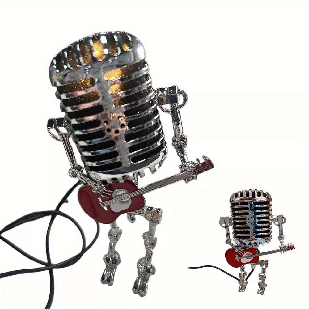 Vintage Microphone Robot Guitar Lamp USB Powered, Retro Decorative Night Light for Music Lovers, Guitar Players