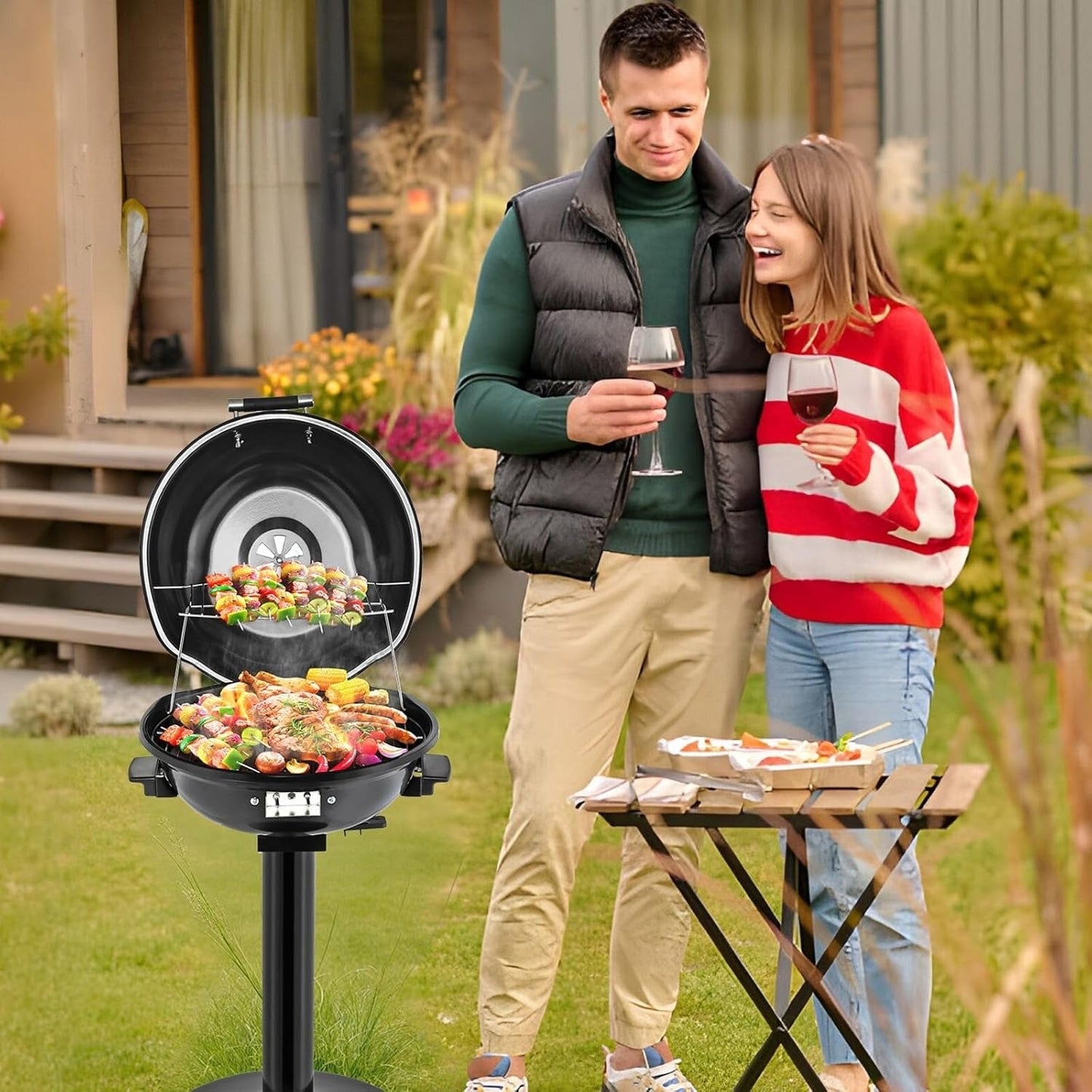 Electric Indoor Grill Smokeless Vertical Design 1.12 SqFt Griddle Warming Rack Adjustable Temp for Grilling, Camping and Outdoor Meals