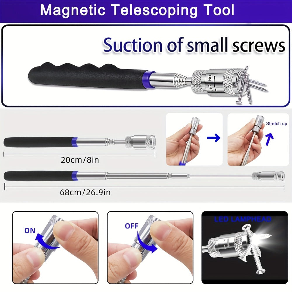 Auto Trim Removal Tool Kit 17pcs with Pry Tools Picks Metal Scraper Magnetic Telescopic Pickup Non-Slip Clips for Car Door Panel Dash