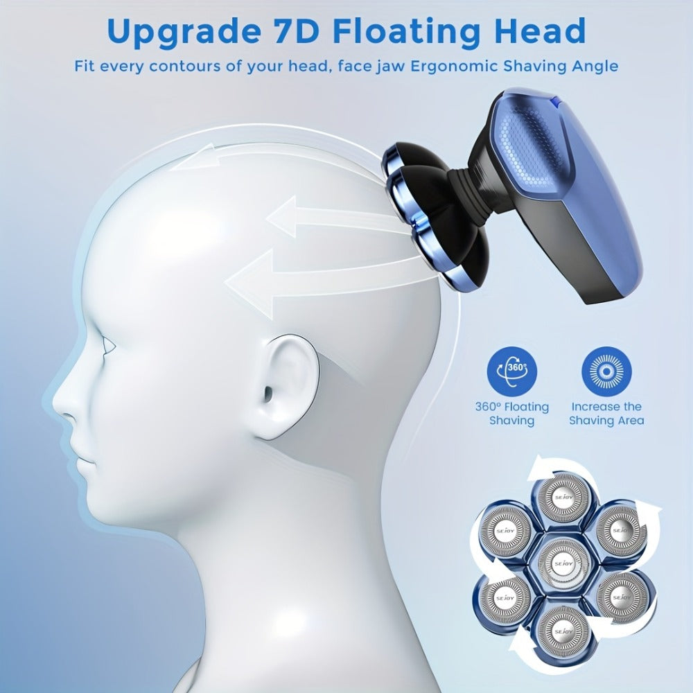 7D Head Shaver Bald Men 5-in-1 Waterproof Wet Dry Electric Razor – Type-C Rechargeable 6500-7500RPM Rotary Grooming Kit with Nose Hair